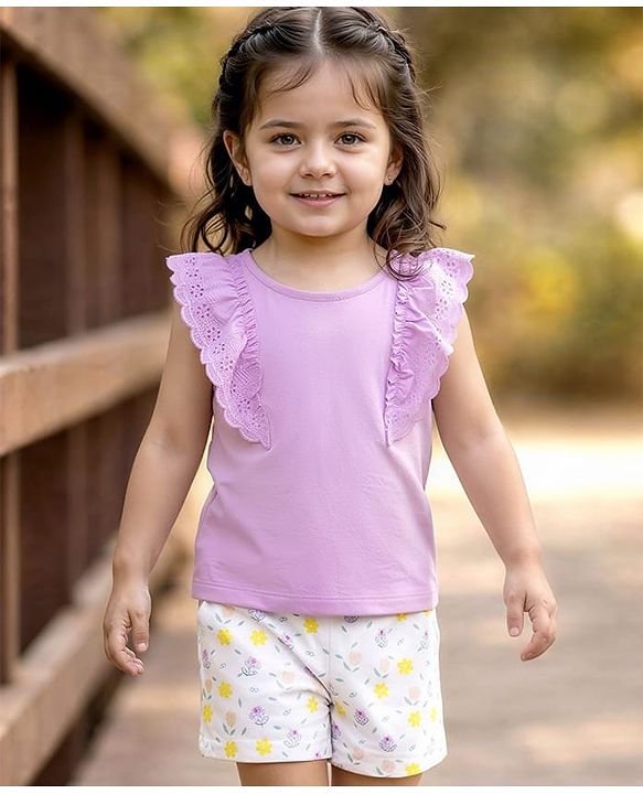 Babyhug Single Jersey Knit Half Sleeves Top & Shorts Set With Floral Print - Lavender & White
