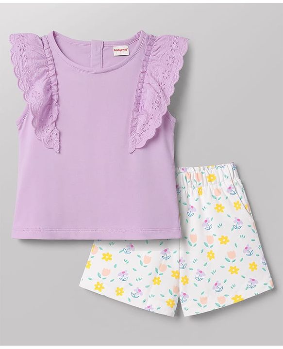 Babyhug Single Jersey Knit Half Sleeves Top & Shorts Set With Floral Print - Lavender & White