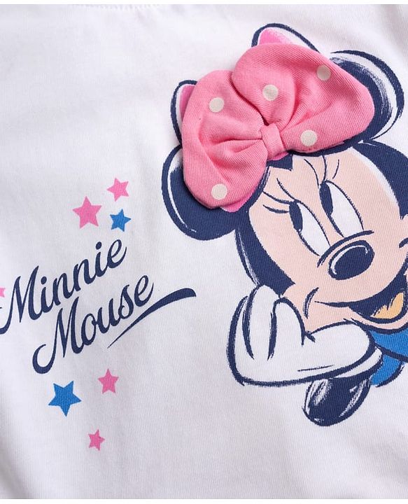 Babyhug Disney 100% Cotton Knit Half Frill Sleeves Top With Layered Skirt With Headband With Polka Dots & Minnie Mouse Graphic- White & Pink