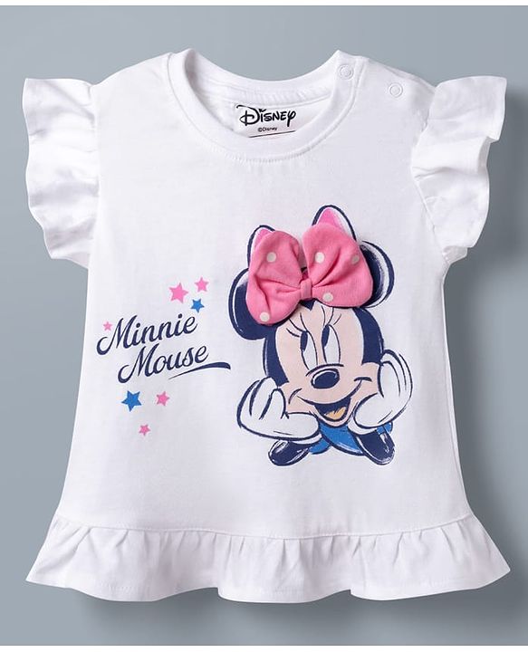 Babyhug Disney 100% Cotton Knit Half Frill Sleeves Top With Layered Skirt With Headband With Polka Dots & Minnie Mouse Graphic- White & Pink