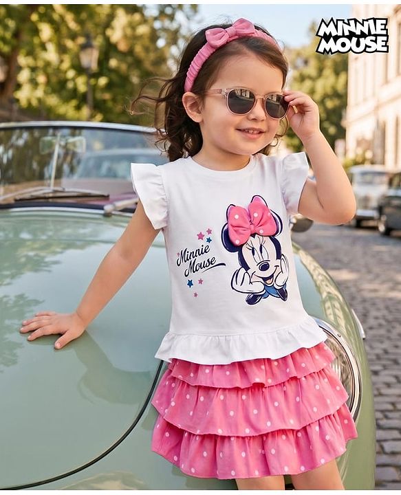 Babyhug Disney 100% Cotton Knit Half Frill Sleeves Top With Layered Skirt With Headband With Polka Dots & Minnie Mouse Graphic- White & Pink