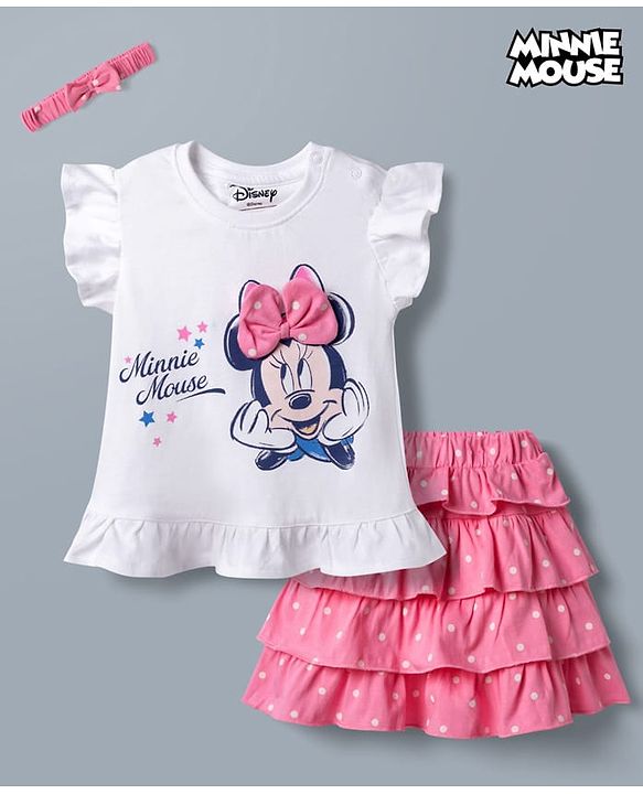 Babyhug Disney 100% Cotton Knit Half Frill Sleeves Top With Layered Skirt With Headband With Polka Dots & Minnie Mouse Graphic- White & Pink