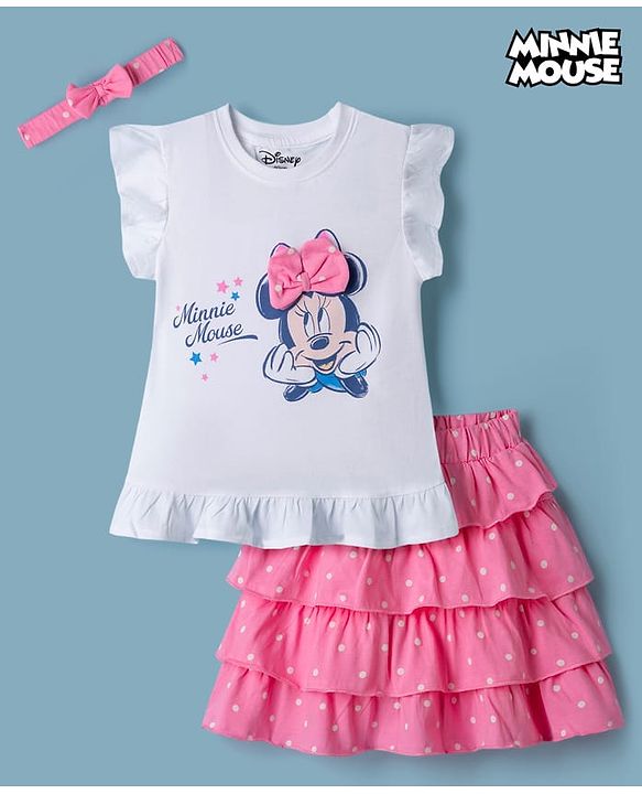 Babyhug Disney 100% Cotton Knit Half Frill Sleeves Top With Layered Skirt With Headband With Polka Dots & Minnie Mouse Graphic- White & Pink