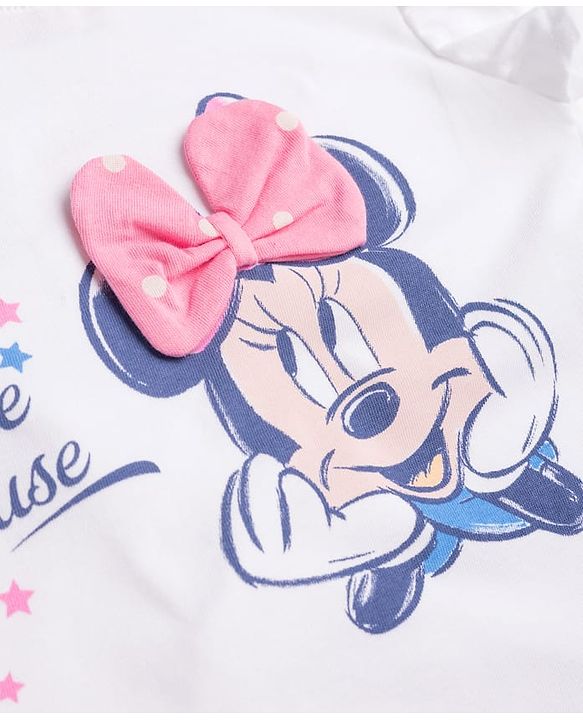 Babyhug Disney 100% Cotton Knit Half Frill Sleeves Top With Layered Skirt With Headband With Polka Dots & Minnie Mouse Graphic- White & Pink