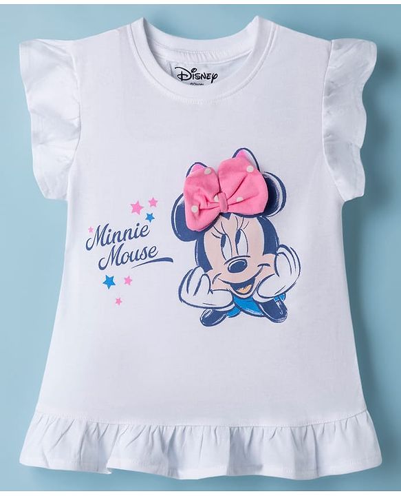Babyhug Disney 100% Cotton Knit Half Frill Sleeves Top With Layered Skirt With Headband With Polka Dots & Minnie Mouse Graphic- White & Pink