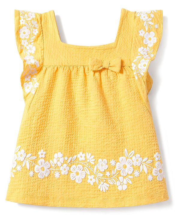 Babyhug Cotton Woven Sleeveless Top & Shorts Set With Floral Embroidery - Yellow