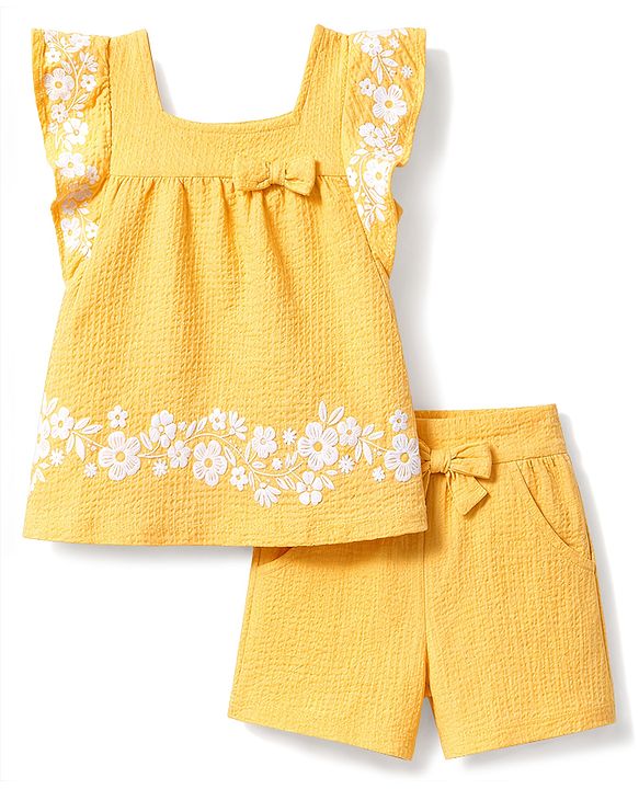 Babyhug Cotton Woven Sleeveless Top & Shorts Set With Floral Embroidery - Yellow