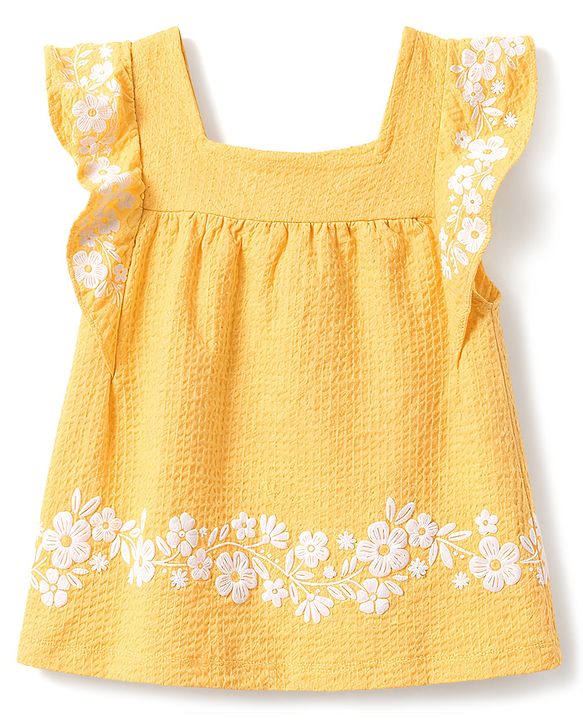 Babyhug Cotton Woven Sleeveless Top & Shorts Set With Floral Embroidery - Yellow