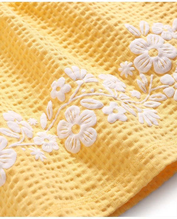Babyhug Cotton Woven Sleeveless Top & Shorts Set With Floral Embroidery - Yellow