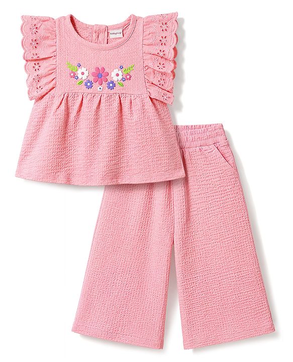 Babyhug Single Jersey Knit Sleeveless Top & Culottes  Set With Floral Detailing - Pink