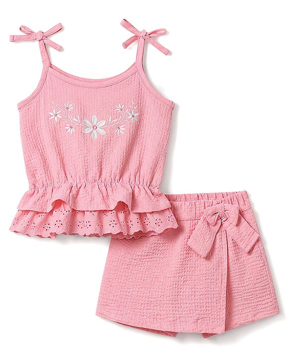 Babyhug Single Jersey Knit Sleeveless Top & Skorts Set With Floral Print - Pink