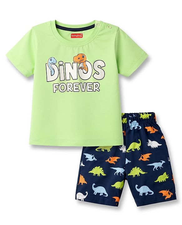 Babyhug Cotton Knit Half Sleeves T-Shirt & Shorts Night-Suit With Dino Print - Green