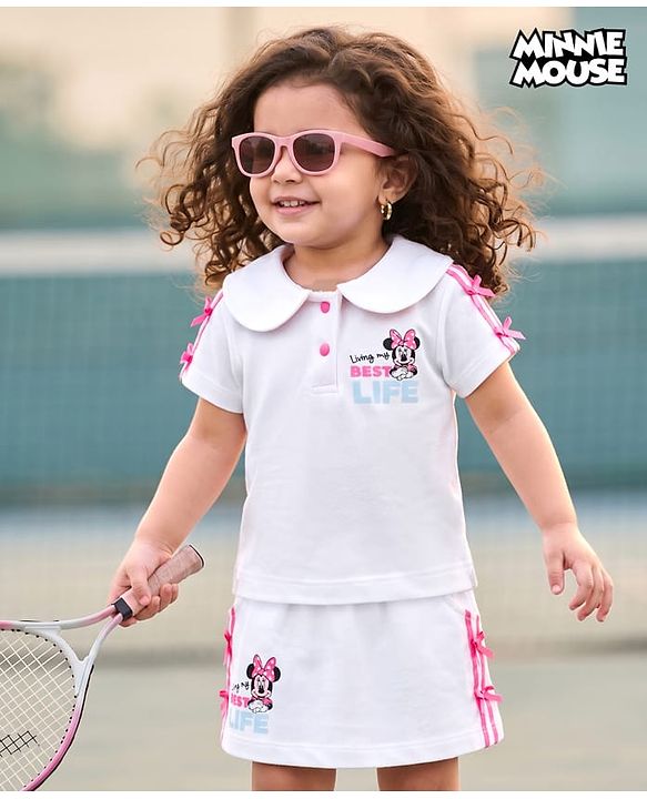 Babyhug Disney Single Jersey Knit Half Sleeves Top & Skirt Set With Minnie Mouse Graphic - White & Pink