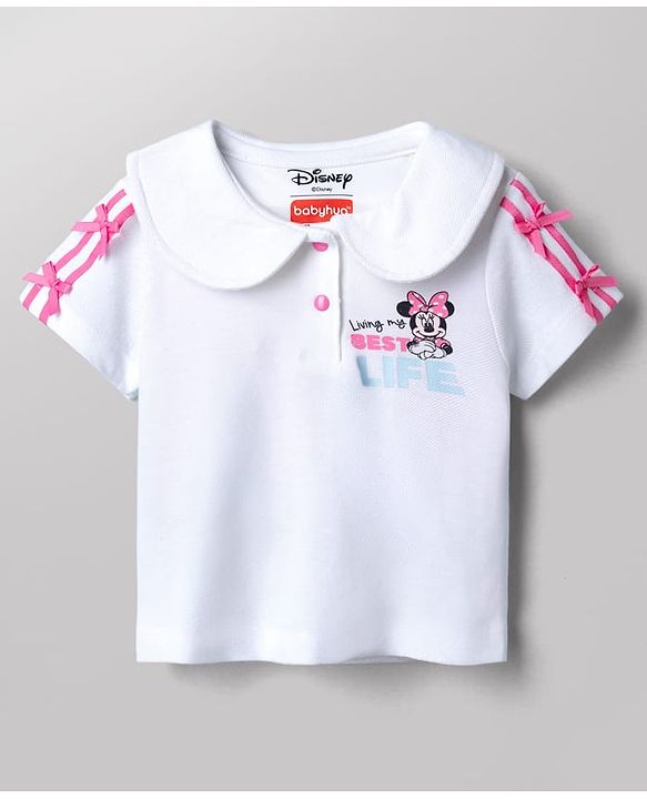 Babyhug Disney Single Jersey Knit Half Sleeves Top & Skirt Set With Minnie Mouse Graphic - White & Pink