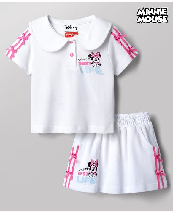 Babyhug Disney Single Jersey Knit Half Sleeves Top & Skirt Set With Minnie Mouse Graphic - White & Pink