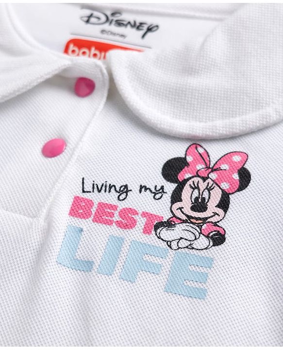 Babyhug Disney Single Jersey Knit Half Sleeves Top & Skirt Set With Minnie Mouse Graphic - White & Pink