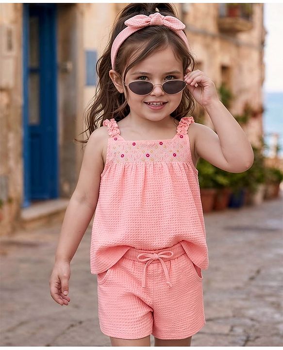 Babyhug Single Jersey Knit Sleeveless Top & Shorts Set With Floral Embroidery - Pink