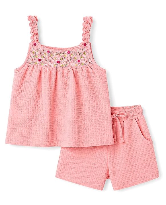 Babyhug Single Jersey Knit Sleeveless Top & Shorts Set With Floral Embroidery - Pink