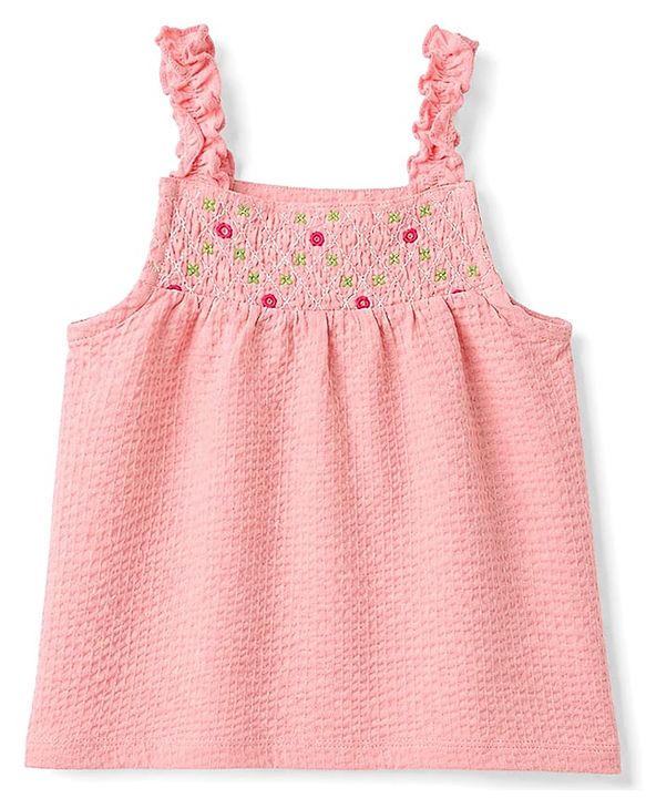 Babyhug Single Jersey Knit Sleeveless Top & Shorts Set With Floral Embroidery - Pink