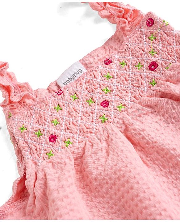 Babyhug Single Jersey Knit Sleeveless Top & Shorts Set With Floral Embroidery - Pink