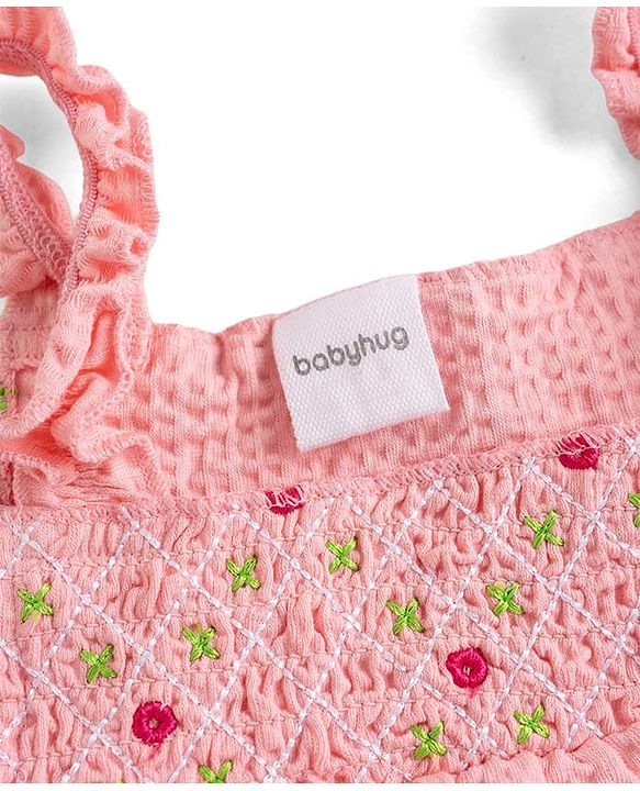 Babyhug Single Jersey Knit Sleeveless Top & Shorts Set With Floral Embroidery - Pink