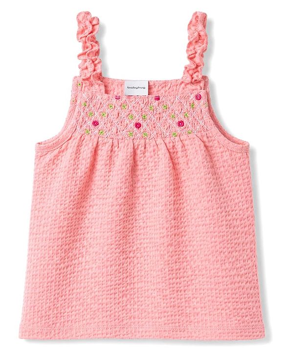 Babyhug Single Jersey Knit Sleeveless Top & Shorts Set With Floral Embroidery - Pink