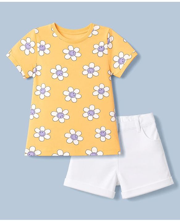 Babyhug Single Jersey Knit Half Sleeves Floral Printed T-Shirt & Shorts Set - Orange & White