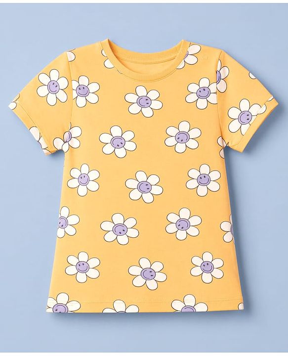 Babyhug Single Jersey Knit Half Sleeves Floral Printed T-Shirt & Shorts Set - Orange & White