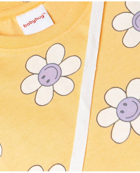 Babyhug Single Jersey Knit Half Sleeves Floral Printed T-Shirt & Shorts Set - Orange & White