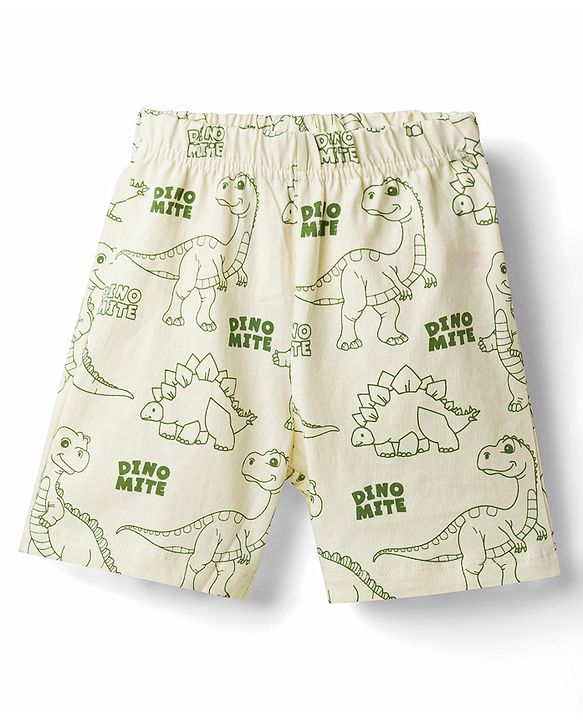 Babyhug Cotton Knit Half Sleeves Dino Printed Co-Ords T-Shirt & Shorts Night Suit - Cream