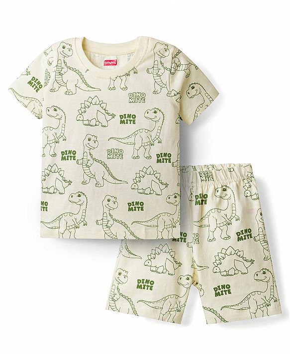 Babyhug Cotton Knit Half Sleeves Dino Printed Co-Ords T-Shirt & Shorts Night Suit - Cream