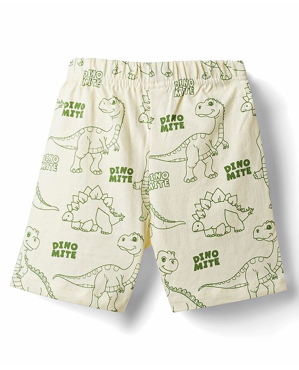 Babyhug Cotton Knit Half Sleeves Dino Printed Co-Ords T-Shirt & Shorts Night Suit - Cream
