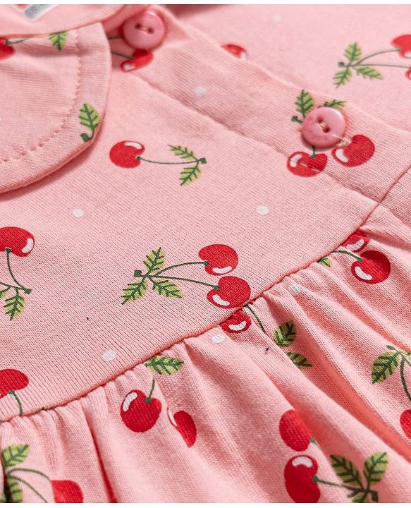 Babyhug Cotton Knit Half Sleeves Cherry Printed Co-Ords Top & Shorts Night Suit - Pink