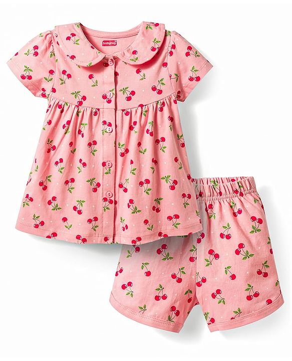 Babyhug Cotton Knit Half Sleeves Cherry Printed Co-Ords Top & Shorts Night Suit - Pink