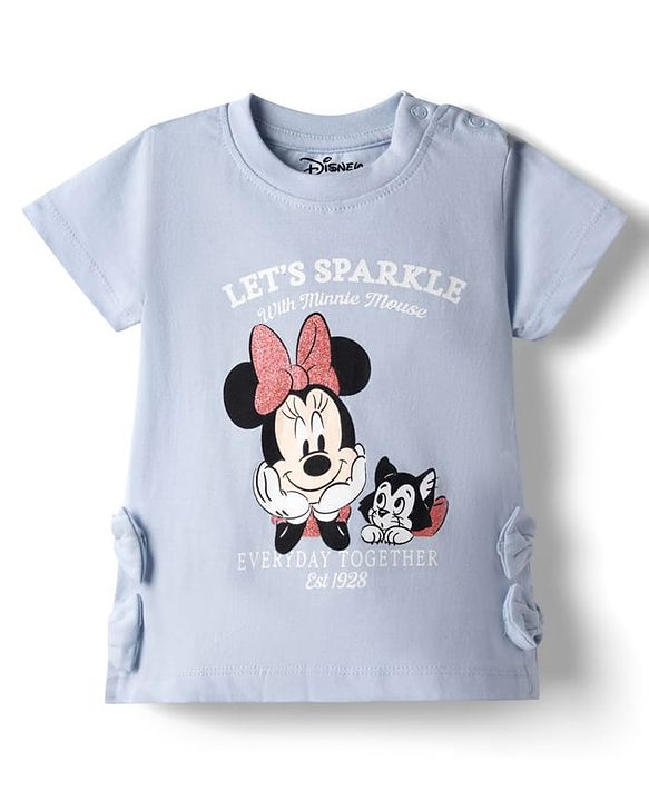 Babyhug Disney 100% Cotton Knit Half Sleeves T-Shirt With Minnie Mouse & Friends Graphic & Bow Applique - Light Blue