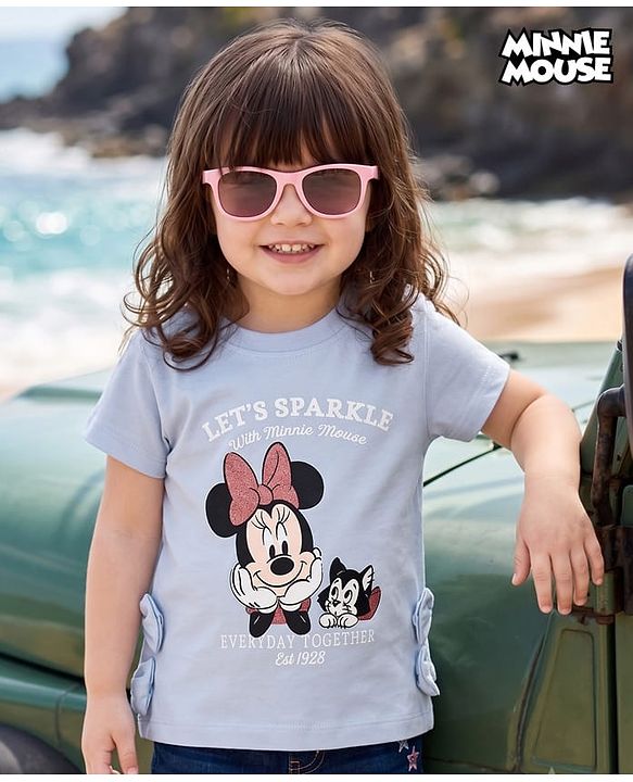 Babyhug Disney 100% Cotton Knit Half Sleeves T-Shirt With Minnie Mouse & Friends Graphic & Bow Applique - Light Blue