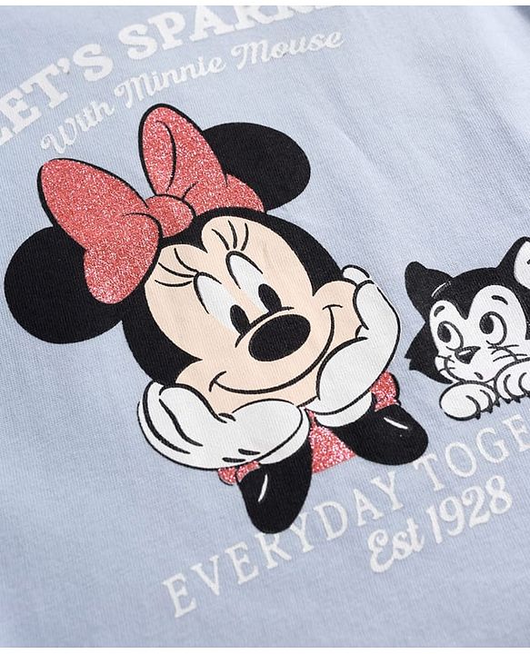 Babyhug Disney 100% Cotton Knit Half Sleeves T-Shirt With Minnie Mouse & Friends Graphic & Bow Applique - Light Blue