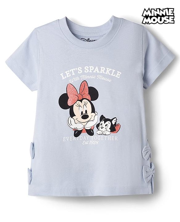 Babyhug Disney 100% Cotton Knit Half Sleeves T-Shirt With Minnie Mouse & Friends Graphic & Bow Applique - Light Blue