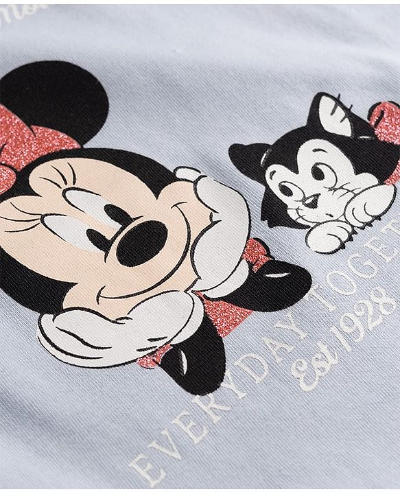 Babyhug Disney 100% Cotton Knit Half Sleeves T-Shirt With Minnie Mouse & Friends Graphic & Bow Applique - Light Blue