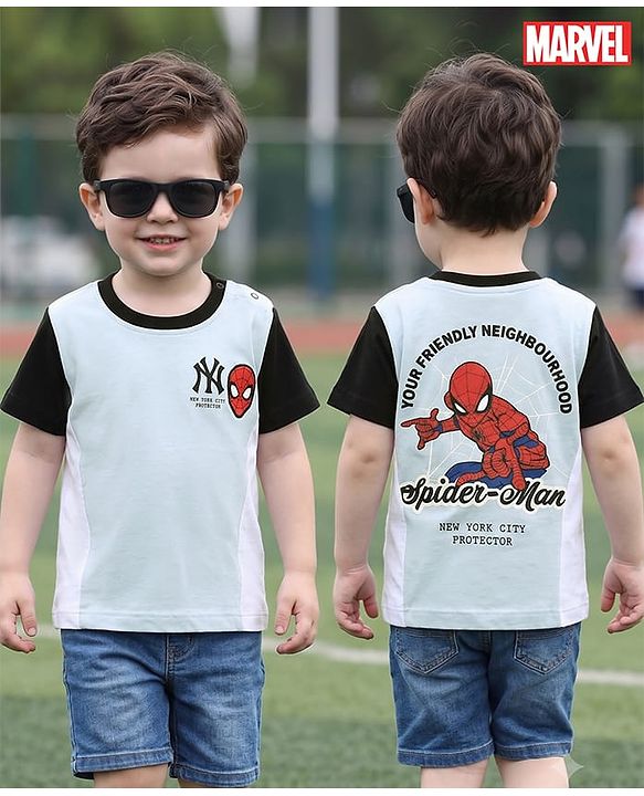 Babyhug Marvel Cotton Knit T-Shirt with Spiderman Graphic Half Sleeves Round Neck Multi Color 3-6 Months