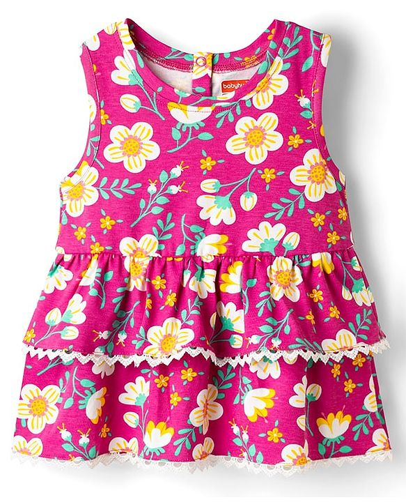 Babyhug Cotton Knit Sleeveless Top with Floral Print - Multicolor