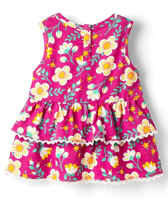 Babyhug Cotton Knit Sleeveless Top with Floral Print - Multicolor