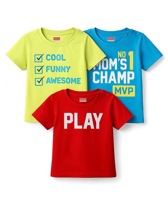 Babyhug 100% Cotton Knit Half Sleeves T-Shirt with Text Print Pack of 3 - Multicolor