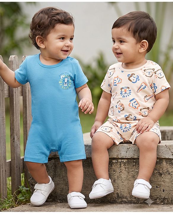 Babyhug 100% Cotton Interlock Knit Half Sleeves Romper Animal Face Print Pack of 2 - Blue