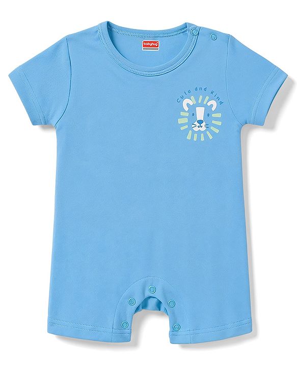 Babyhug 100% Cotton Interlock Knit Half Sleeves Romper Animal Face Print Pack of 2 - Blue