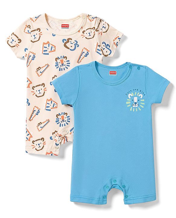 Babyhug 100% Cotton Interlock Knit Half Sleeves Romper Animal Face Print Pack of 2 - Blue