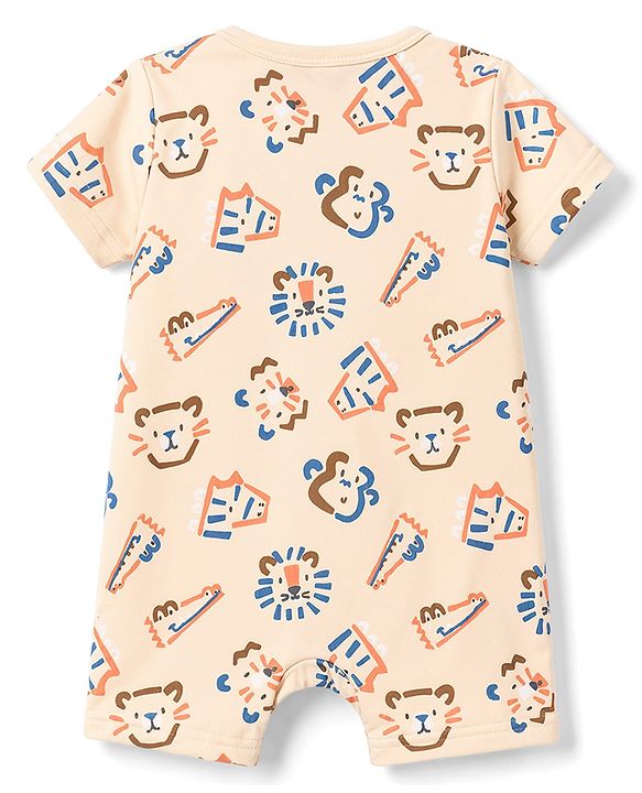Babyhug 100% Cotton Interlock Knit Half Sleeves Romper Animal Face Print Pack of 2 - Blue