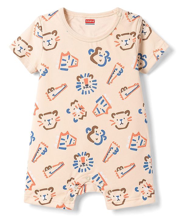 Babyhug 100% Cotton Interlock Knit Half Sleeves Romper Animal Face Print Pack of 2 - Blue