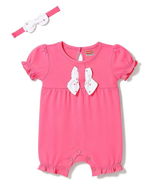Babyhug 100% Cotton Knit Half Sleeves Hearts Printed Romper With Headband - Dark Pink