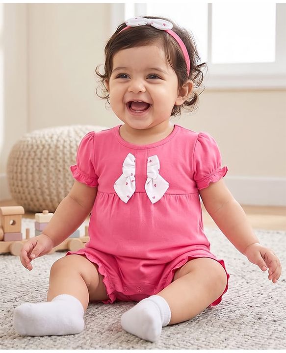 Babyhug 100% Cotton Knit Half Sleeves Hearts Printed Romper With Headband - Dark Pink